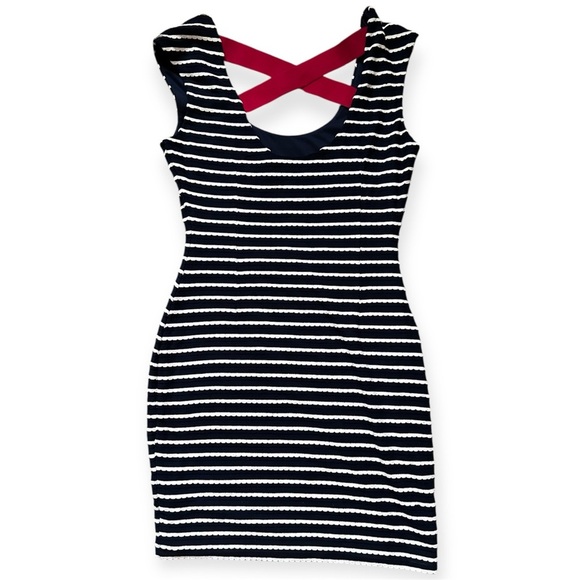 Guess Navy Blue and White Striped Criss-Cross Back Mini Bodycon Dress Size 2 - Picture 2 of 7